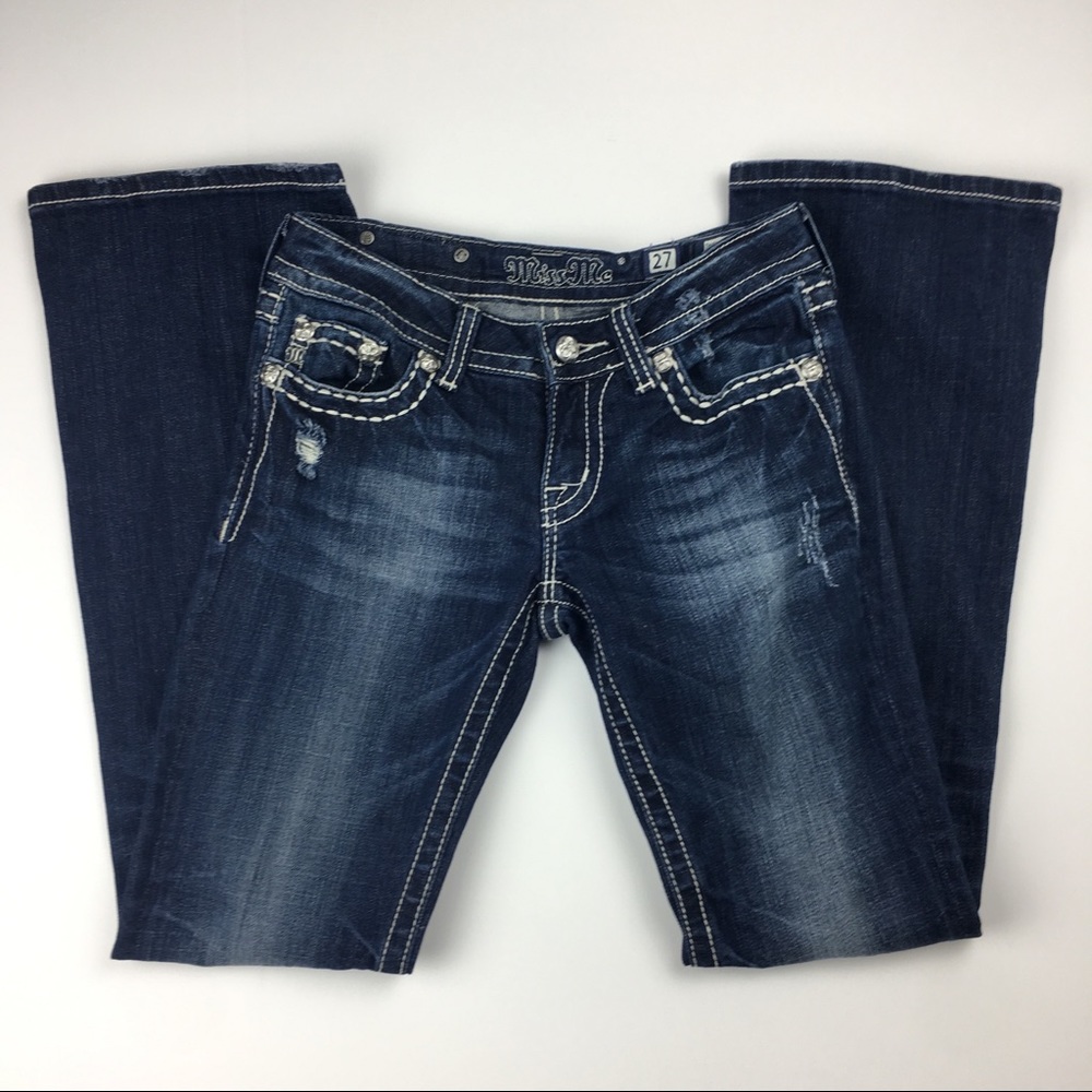 🛍 Miss Me Distressed Cut and Zip Bootcut Jeans 27 - Picture 2 of 8